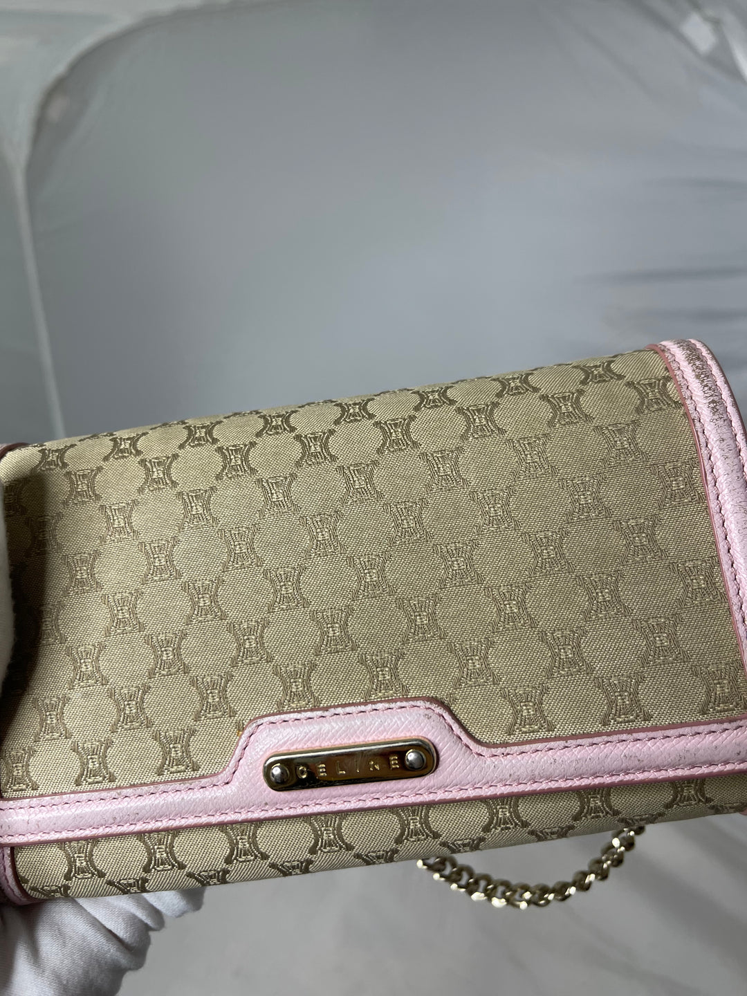 Celine logo & pink leather wallet on chain