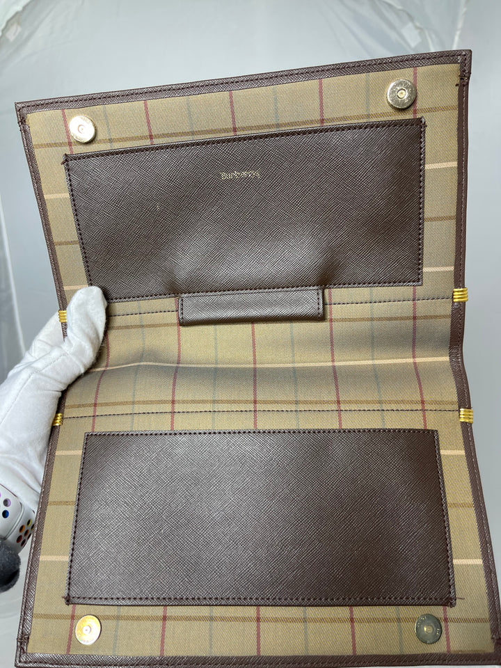 Burberry brown leather & classic plaid organizer pouch/wallet