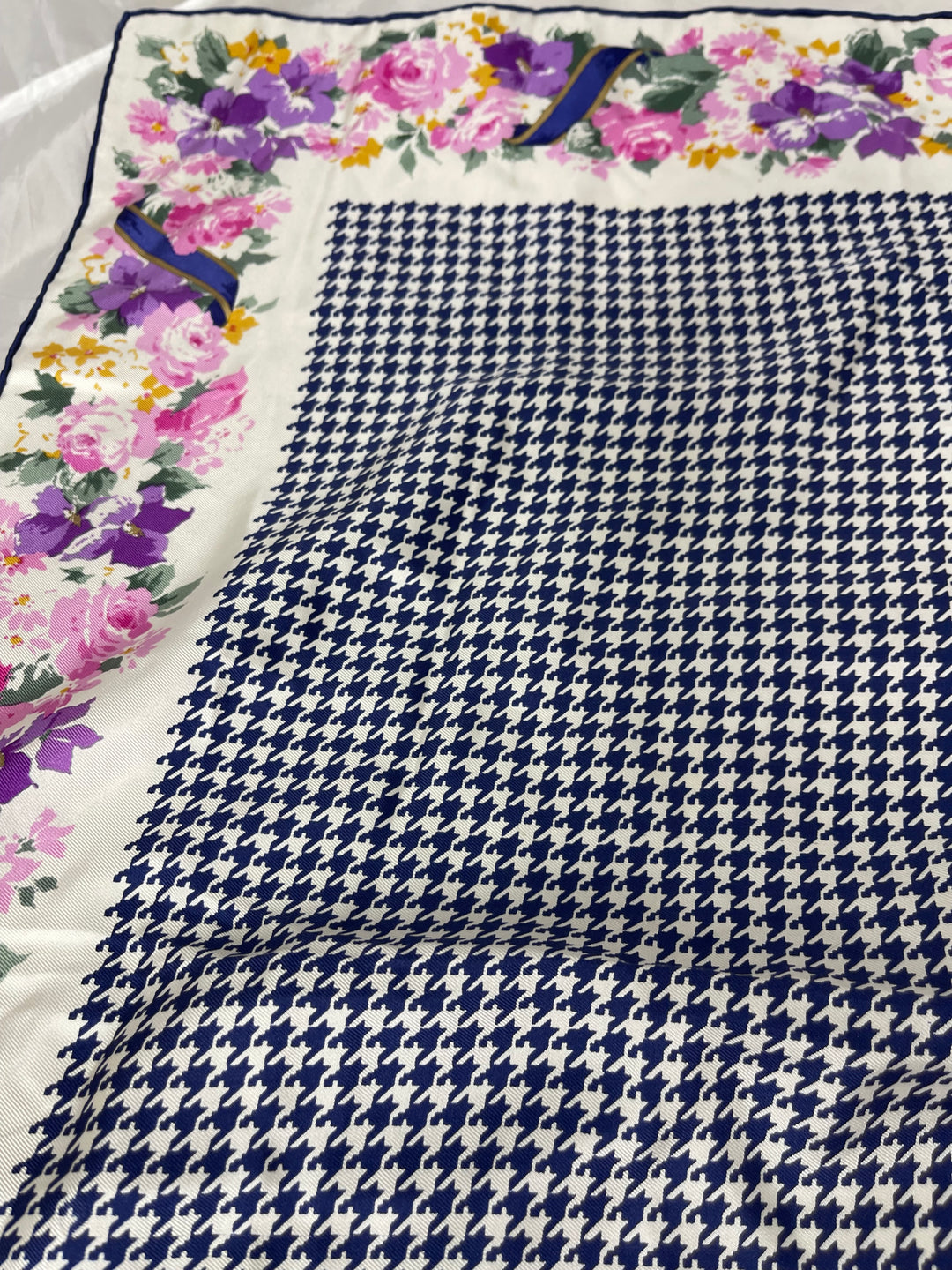 Christian Dior Navy Blue check pattern & Floral border Silk scarf