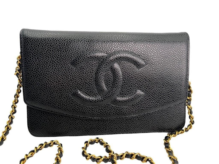 Chanel Black Caviar Timeless CC wallet on chain