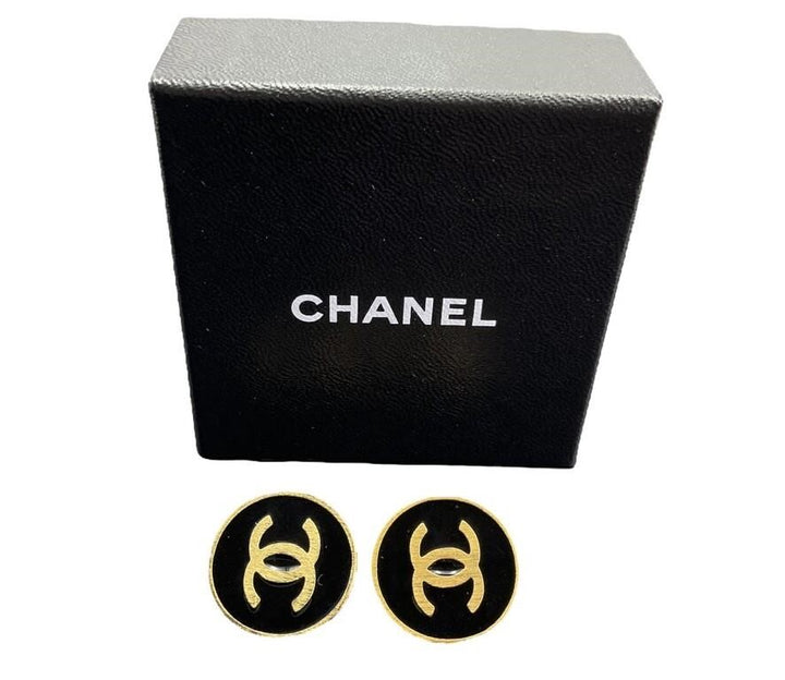 Black Enamel Chanel Logo Coin Earrings