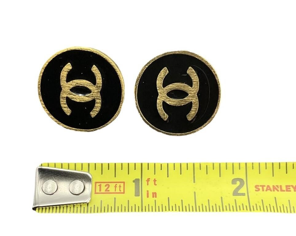 Black Enamel Chanel Logo Coin Earrings